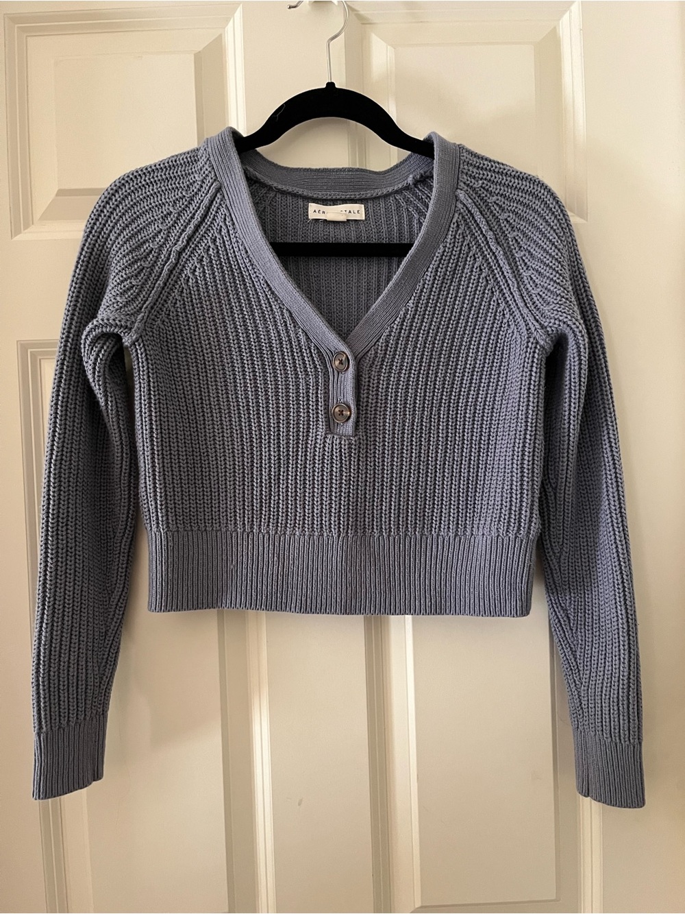 Aéropostale Ribbed Cropped V-Neck 2 button Henley Sweater muted blue XS